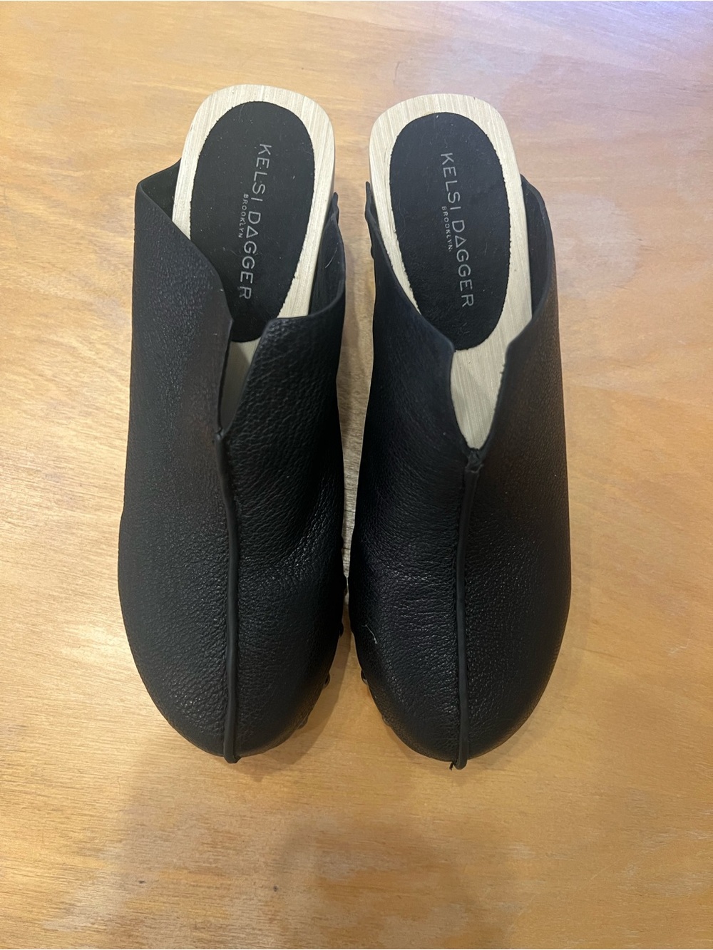 Kelsi Dagger Black Leather Slip-On Mules with Wood-Look Insole